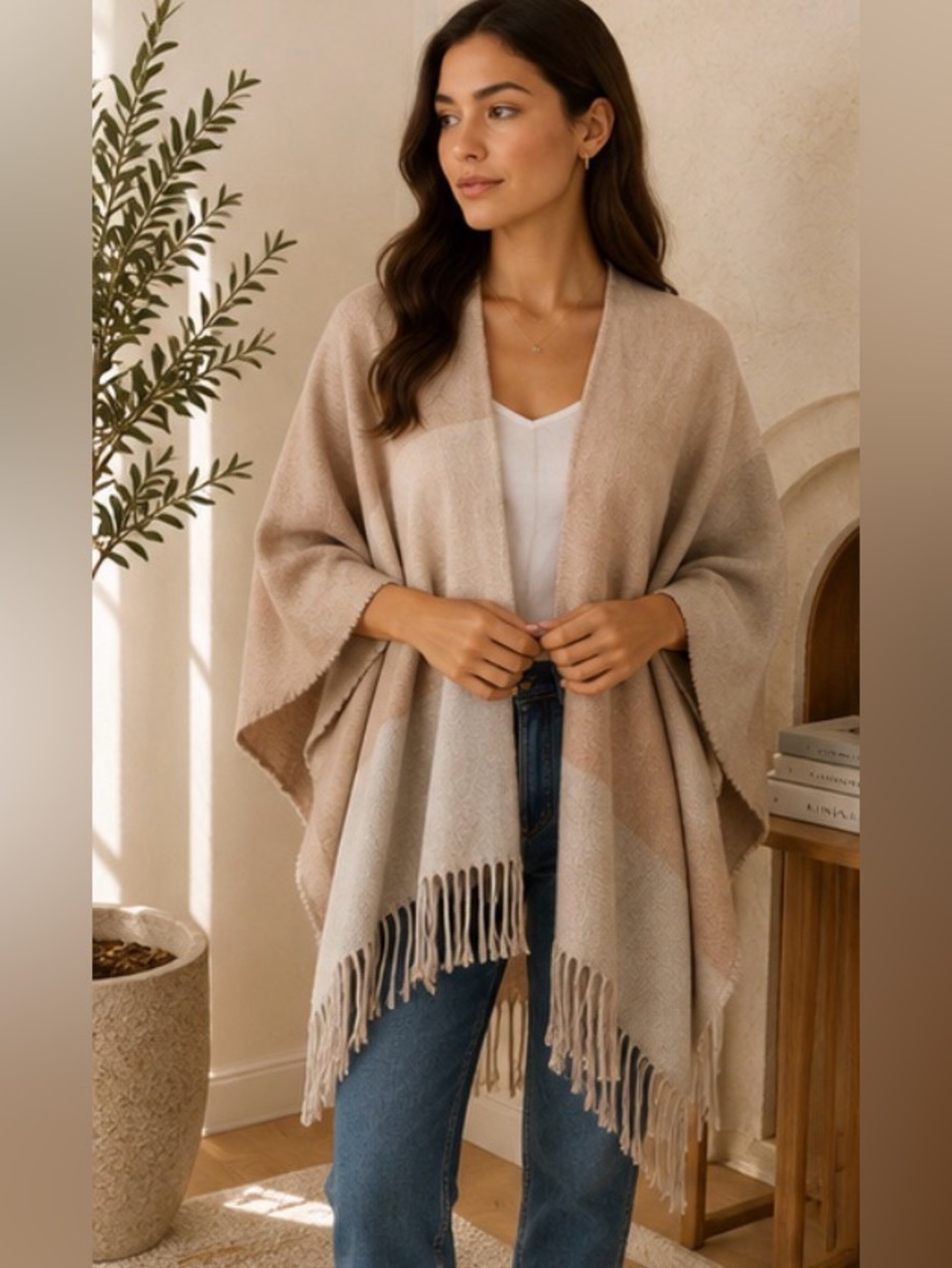 SOIA & KYO pink Beige Fringe Open Front Knit Shawl - Soft Layered Wrap